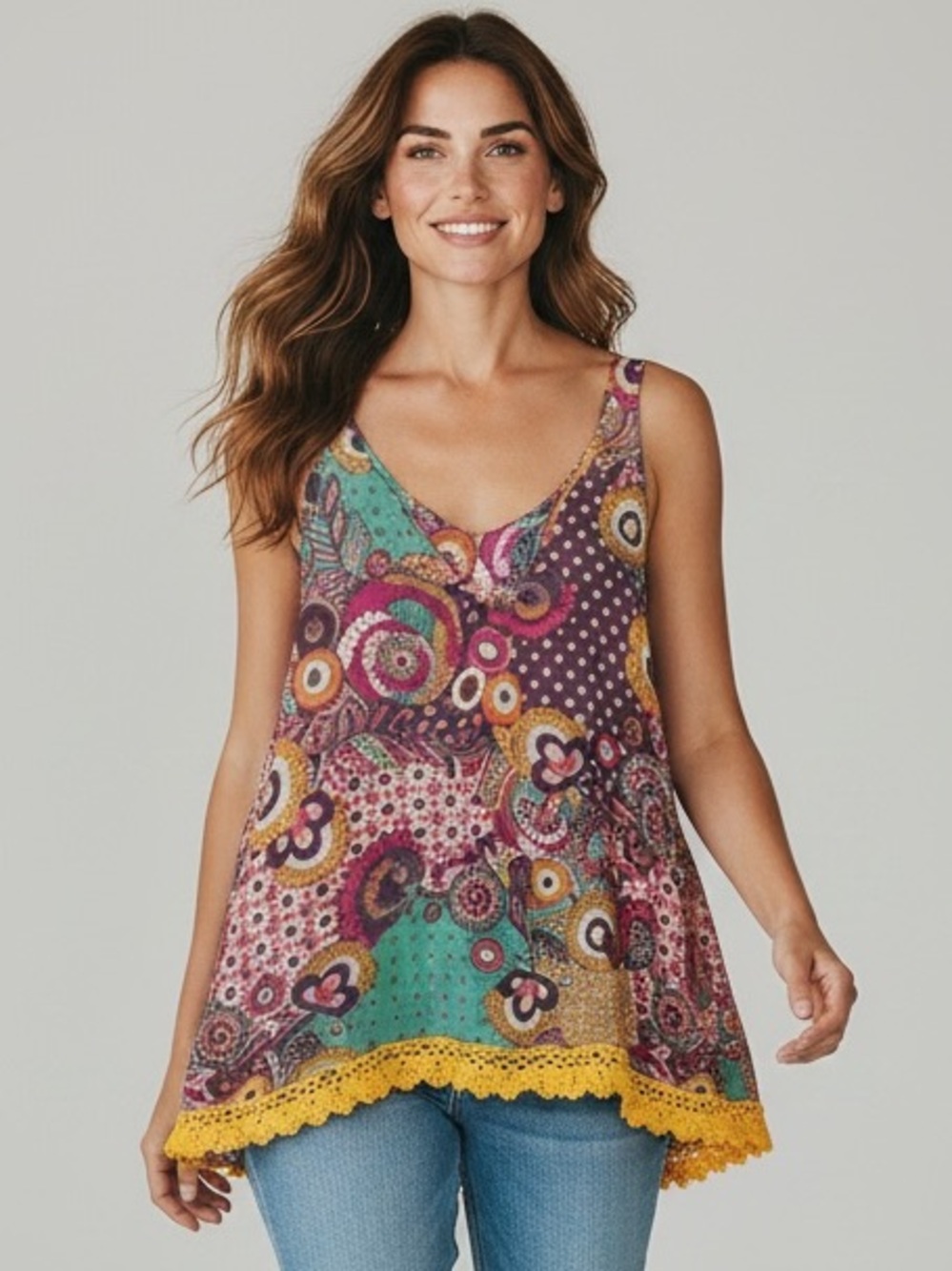 Umgee Multicolor Boho V-Neck Tank Top Size S